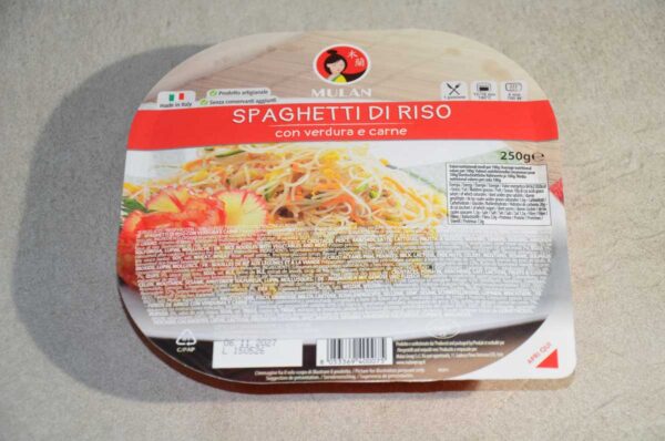 SPAGHETTI DI RISO VERDURA E CARNE 250GR